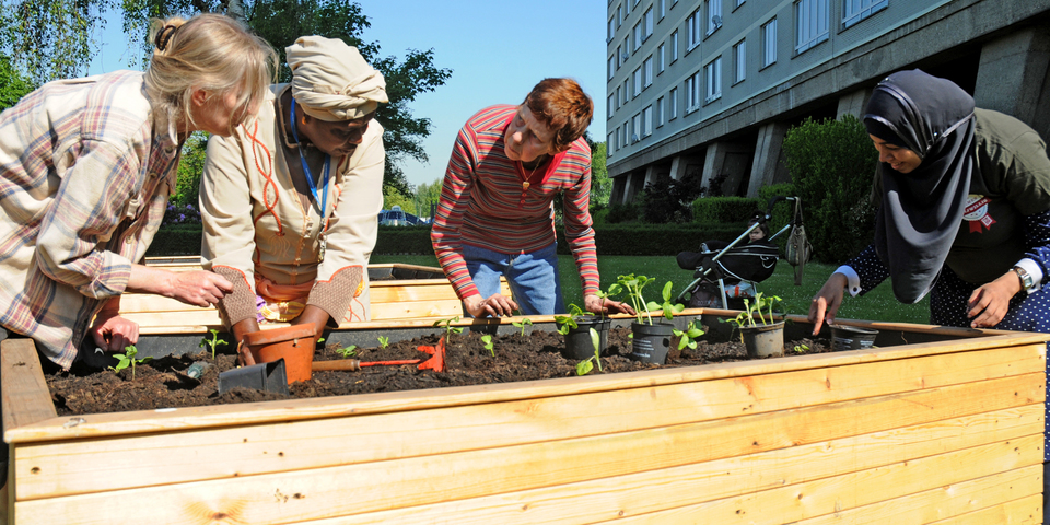Tuiniers werken samen in samentuin Braemhof